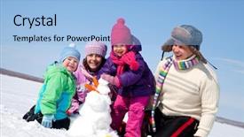  Presentation with snowman - Amazing slide deck having happy couple with two children making big snowman backdrop and a light blue colored foreground