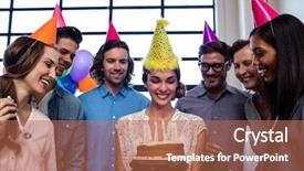  Presentation with coworkers - Theme having happy coworkers celebrating a birthday background and a coral colored foreground