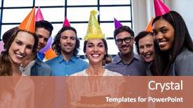  Presentation with coworkers - PPT theme consisting of happy coworkers celebrating a birthday background and a coral colored foreground