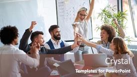  Presentation with celebrate office success - Presentation design with happy-coworkers-holding-a-throphy background and a violet colored foreground