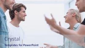  Presentation with coworkers - PPT layouts featuring happy coworkers hugging each other when meeting background and a sky blue colored foreground