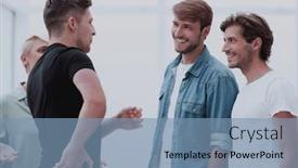  Presentation with coworkers - Cool new slide deck with happy coworkers hugging each other when meeting backdrop and a seafoam green colored foreground