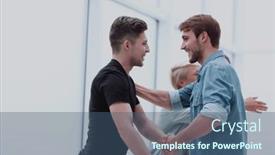  Presentation with coworkers - Presentation theme with happy-coworkers-hugging-each background and a  colored foreground