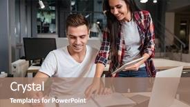  Presentation with coworkers - Cool new PPT layouts with happy coworkers looking at documents by the table in office backdrop and a coral colored foreground