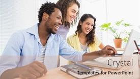  Presentation with coworkers - Audience pleasing presentation design consisting of happy coworkers using laptop and pointing the screen in the office backdrop and a soft green colored foreground