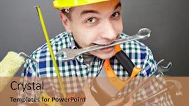  Presentation with set of different dental tools - Presentation featuring happy craftsman with different tool background and a coral colored foreground