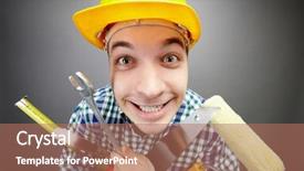  Presentation with set of different dental tools - Audience pleasing presentation consisting of happy craftsman with different tools backdrop and a  colored foreground
