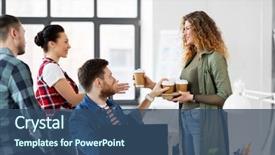  Presentation with double exposure of business people - Audience pleasing slide set consisting of happy creative team with coffee backdrop and a ocean colored foreground