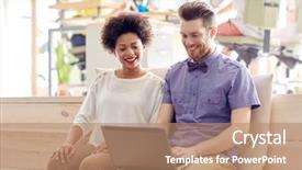  Presentation with creative - Beautiful presentation theme featuring happy creative team with laptop backdrop and a  colored foreground