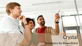  Presentation with team planning - Cool new PPT theme with happy creative team with scheme backdrop and a coral colored foreground