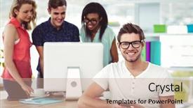  Presentation with team working together - PPT layouts having happy creative team working together in casual office background and a coral colored foreground