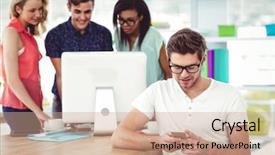  Presentation with team working together - Slide deck with happy creative team working together in casual office background and a coral colored foreground