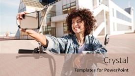  Presentation with motorbike - Amazing PPT theme having happy curly woman sitting on modern motorbike outdoors and making selfie backdrop and a coral colored foreground