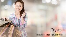  Presentation with bag iv fluid closeup saline - PPT theme having happy customer - exciting young shopping woman hold background and a soft green colored foreground