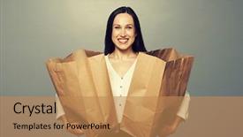  Presentation with paper bag vs plastic bags - Colorful presentation theme enhanced with happy customer - glad woman holding paper bags backdrop and a  colored foreground