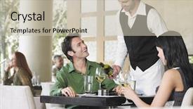  Presentation with young happy couple - PPT layouts consisting of happy customer - waiter serving wine to young background and a soft green colored foreground