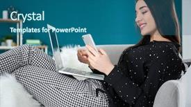  Presentation with online shopping - Slide set enhanced with happy customer - young woman shopping online background and a ocean colored foreground