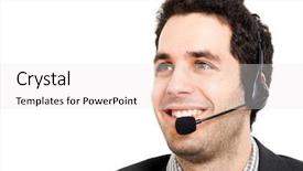  Presentation with call center reporting - Audience pleasing PPT theme consisting of happy customer care - call center male operator isolated backdrop and a sky blue colored foreground