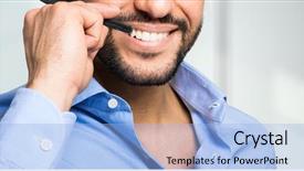  Presentation with call center - Slides consisting of happy customer care - call center male operator mouth background and a light blue colored foreground