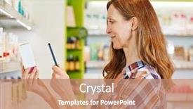  Presentation with barcode - PPT theme with happy customer care - elderly woman scanning barcode background and a coral colored foreground