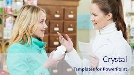  Presentation with drug pharmacy - Slides with happy customer care - pharmacist suggesting medical drug background and a  colored foreground