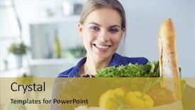  Presentation with grocery bag - Beautiful PPT layouts featuring happy customer care - young woman holding grocery shopping backdrop and a gold colored foreground