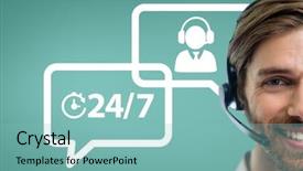  Presentation with customer service - Colorful presentation design enhanced with happy customer care assistant man backdrop and a seafoam green colored foreground