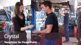  Presentation with repair shop - Beautiful PPT theme featuring happy customer delivering a car backdrop and a dark gray colored foreground