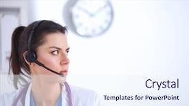  Presentation with laptop computers around the world backgroun - Slide deck featuring happy customer experience - doctor wearing headset sitting behind background and a  colored foreground