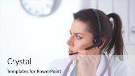  Presentation with experience - Amazing PPT theme having happy customer experience - doctor wearing headset sitting behind backdrop and a cool aqua colored foreground