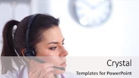  Presentation with laptop computers around the world backgroun - Theme consisting of happy customer experience - doctor wearing headset sitting behind background and a  colored foreground