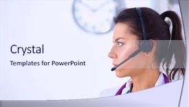  Presentation with experience - PPT theme having happy customer experience - doctor wearing headset sitting behind background and a sky blue colored foreground