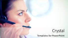  Presentation with doctor and collegue relationship - Presentation theme having happy customer experience - doctor wearing headset sitting behind background and a  colored foreground