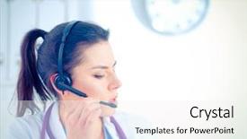  Presentation with doctor - Slide deck with happy customer experience - doctor wearing headset sitting behind background and a  colored foreground