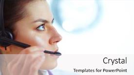  Presentation with desk - PPT layouts featuring happy customer experience - doctor wearing headset sitting behind background and a  colored foreground