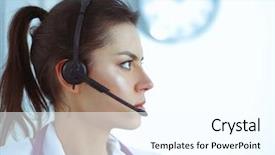  Presentation with pediatrics toddler and doctor - Audience pleasing theme consisting of happy customer experience - doctor wearing headset sitting behind backdrop and a cool aqua colored foreground