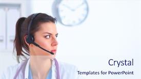  Presentation with doctor asian obese - PPT theme consisting of happy customer experience - doctor wearing headset sitting behind background and a  colored foreground