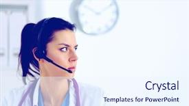  Presentation with new parents doctor - Slide set with happy customer experience - doctor wearing headset sitting behind background and a  colored foreground