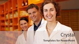  Presentation with pharmacy suspensi - Colorful presentation theme enhanced with happy customer experience - three competent pharmacists smiling backdrop and a lemonade colored foreground
