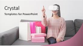  Presentation with online shopping - Presentation having happy customer experience - woman using vr device background and a white colored foreground