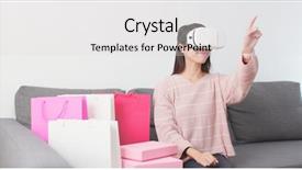  Presentation with shopping experience - PPT theme with happy customer experience - woman using vr device background and a light gray colored foreground