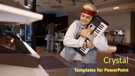  Presentation with customer satisfaction - PPT theme consisting of happy-customer-holding-new-electric background and a tawny brown colored foreground