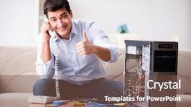  Presentation with computer - Amazing slides having happy customer resolving his computer backdrop and a violet colored foreground