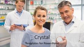  Presentation with hospital pharmacy - Presentation theme enhanced with happy customer talking with pharmacist background and a  colored foreground
