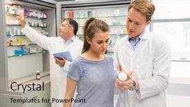  Presentation with hospital pharmacy - Colorful theme enhanced with happy customer talking with pharmacist backdrop and a  colored foreground