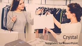  Presentation with bag - Slide deck having happy customer with shopping bag background and a coral colored foreground