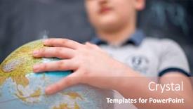  Presentation with world globe earth - Colorful presentation theme enhanced with happy cute boy learning about the world using globe of earth while standing in front of black chalkboard backdrop and a coral colored foreground