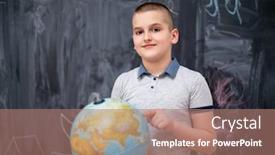  Presentation with world globe earth - Audience pleasing presentation design consisting of happy cute boy learning about the world using globe of earth while standing in front of black chalkboard backdrop and a coral colored foreground