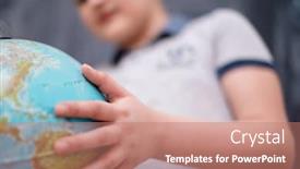 Presentation with world globe earth - Cool new slide set with happy cute boy learning about the world using globe of earth while standing in front of black chalkboard backdrop and a coral colored foreground