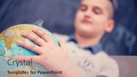  Presentation with world globe earth - Presentation design enhanced with happy cute boy learning about the world using globe of earth while standing in front of black chalkboard background and a lemonade colored foreground